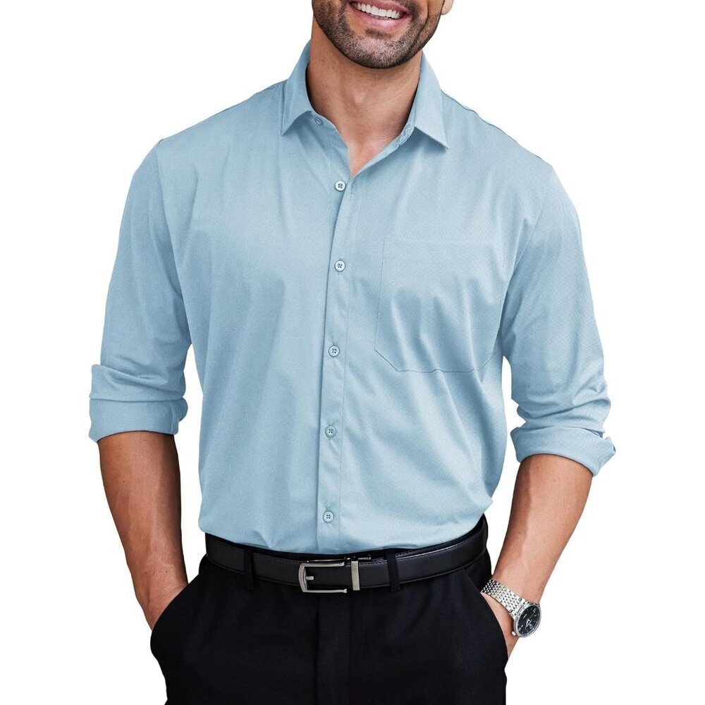 Light Blue Men Long Sleeve Wrinkle Free Textured Button Down Dress Shirt